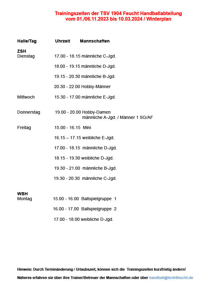 Trainingszeiten der TSV 1904 Feucht Handballabteilung