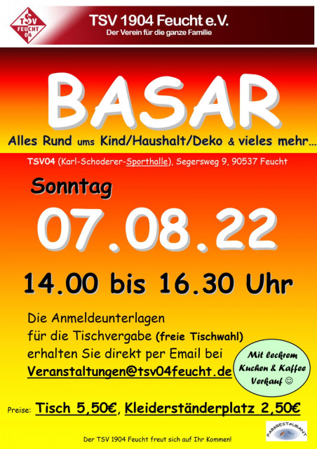 Basar am Sonntag, 07.08.2022 von 14 - 16:30Uhr am Segersweg 9